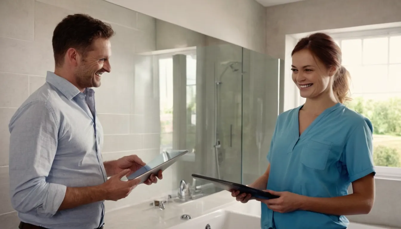A local provider showing a homeowner a walk-in shower plan in the Bethel area